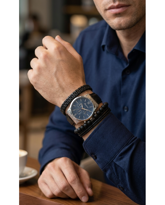 Reloj para Hombre con 3 Pulseras Negras Colombia